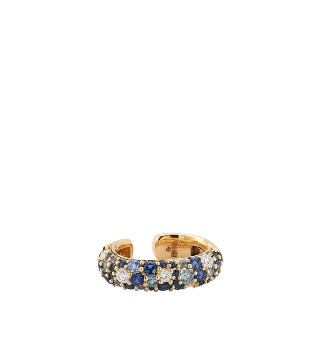 Image 2 of 3 - GOLD - Renna Women's Tidepool Ear Cuff is crafted in 18K yellow gold and features varying sizes of brilliant diamonds and sapphires arranged in a cobblestone-inspired design that reflects the natural beauty of smooth stones found in a tidepool. This designer fine jewelry ear cuff combines exceptional craftsmanship with vibrant color and timeless elegance, while a hinged closure ensures a secure and comfortable fit. Main Material: 18K Yellow Gold. Gemstones: Approximately 0.70 TCW Sapphires, 0 