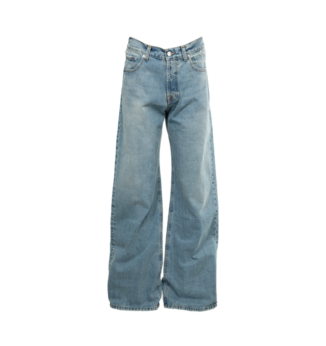 Image 1 of 3 - BLUE - ARMARIUM Luke Jeans featuring wide leg, five pockets, distressed cuffs, belt loops and button zip closure. 100% cotton.  