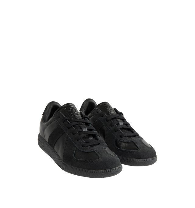Image 2 of 5 - BLACK - Adidas Mens BW Army Shoes are crafted from leather with premium suede overlays. Features a regular fit, lace-up closure, leather sockliner, rubber outsole, and adidas logo detailing on the tongue, sockliner, and tooling. Upper: Leather with Suede Overlays; Sockliner: Leather; Outsole: Rubber. Made in Vietnam. 