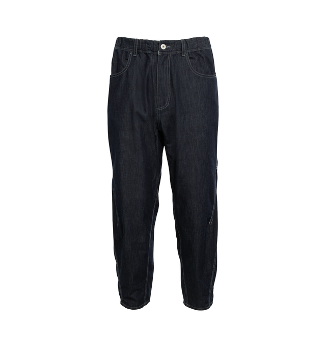 Image 1 of 3 - NAVY - AND WANDER Dry Easy Denim Wide Pants featuring wide leg, button zip fly closure and 5 pockets. 65% cotton, 35% polyester. Made in Japan. 