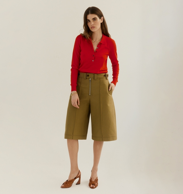 Image 2 of 4 - BROWN - CHRISTOPHER JOHN ROGERS Wide Leg Culotte Pant featuring architectural legs with a crisp cuff, sturdy cotton twill, signature exposed front zipper, adjustable side tabs at the waistband, side slit pockets and back patch pockets. 100% cotton.  