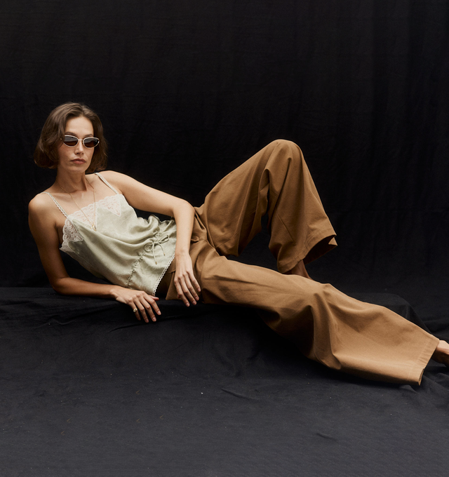 Image 2 of 4 - BROWN - CHLOE Pant featuring pleats on front, double button and zip closure, wide leg, belt loops, two side pockets and two back welt pockets with button. 100% cotton. 