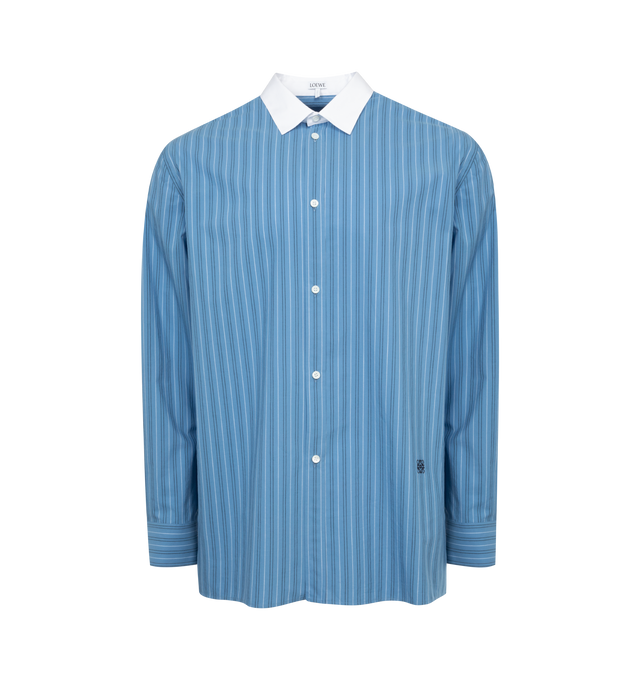 Image 1 of 2 - BLUE - LOEWE Striped Shirt featuring contrast point collar, button placket, long sleeves, mitered barrel cuffs and side pleats at back yoke. Cotton/polyester. Made in Italy. 