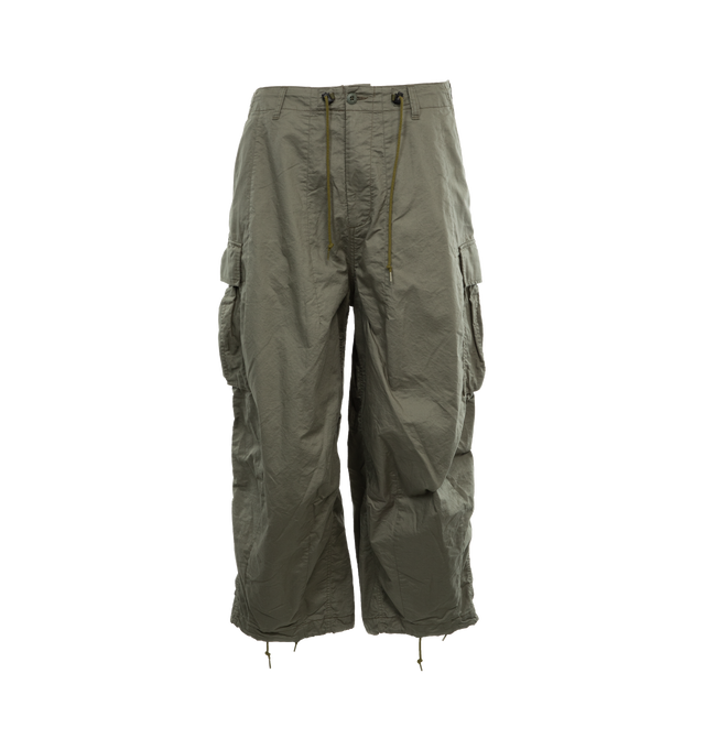 Image 1 of 4 - GREEN - NEEDLES H.D. Cargo Pants featuring heavyweight cotton twill, belt loops, cord-lock drawstring at waistband, four-pocket styling, zip-fly, darts at front waistband and cuffs, cargo pocket at outseams and unlined. 100% cotton. Made in Japan.