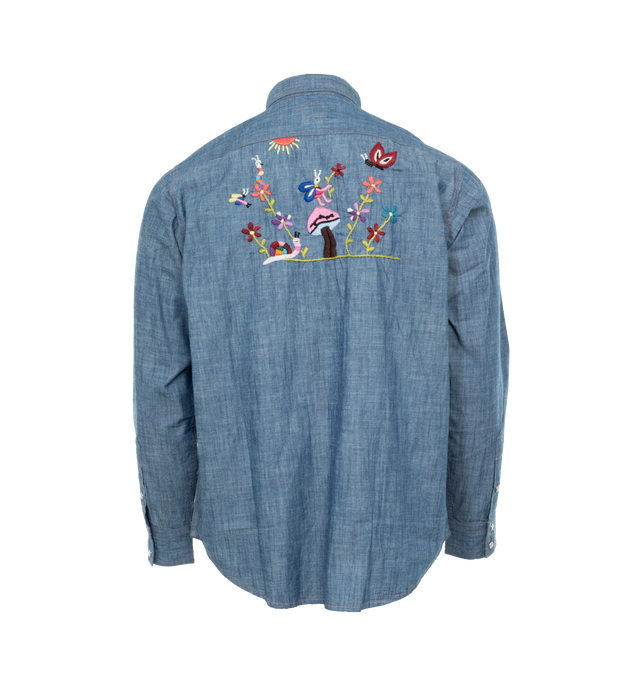 Image 2 of 4 - BLUE - NEEDLES Western Shirt featuring spread collar, press-stud closure, floral graphics embroidered at front and back, flap pockets, shirttail hem, adjustable two-button barrel cuffs and contrast stitching in pink. 100% cotton. Made in India. 