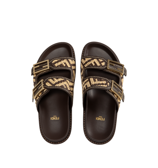 Image 4 of 4 - BROWN - FENDI Feel Sandal featuring double-band flat slides with FF Baguette decorative buckles, braided cotton fiber with FF motif in brown and beige and gold-finish metalware. 80% cotton, 20% polyamide. Embroidery: 100% viscose. Inside: 100% calf leather. Made in Italy.  