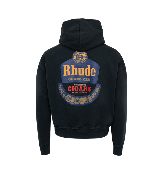 BLACK - RHUDE Grand Cru Hoodie featuring logo at front and graphic on back, kangaroo pocket, rib knit hem and cuffs and hood. 100% cotton.