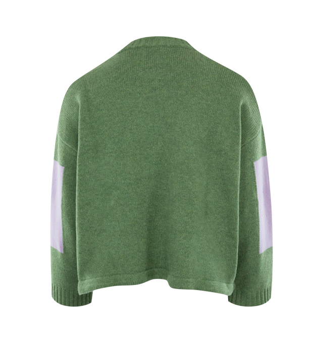 Image 2 of 2 - GREEN - MARTINE ROSE Intarsia-Knit Sweater featuring knitted construction, intarsia knit, colour-block design, crew neck, drop shoulder, long sleeves, ribbed cuffs, logo print to the front and drawstring hem. 