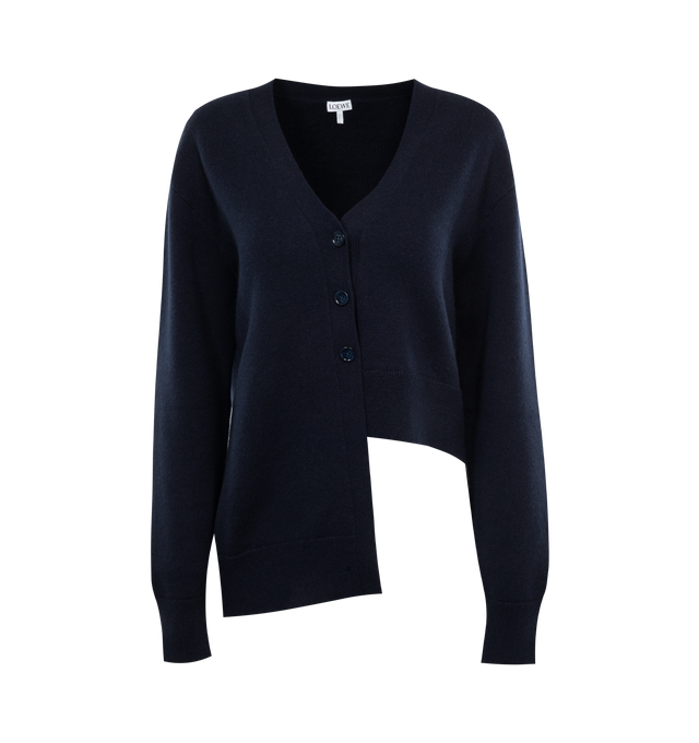 NAVY - Loewe Asymmetric cardigan crafted in medium-weight cashmere with terry loopback knit.  Features relaxed fit, regular length with asymmetric construction, V-neck, ribbed collar, cuffs and hem and button front fastening. Made in Italy.