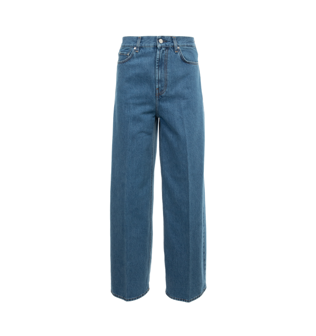 Image 1 of 3 - BLUE - TOTEME Wide Leg Denim featuring high waistline and long, wide legs that are press-creased, belt loops, five pockets and zipper fly. 100% cotton organic. 