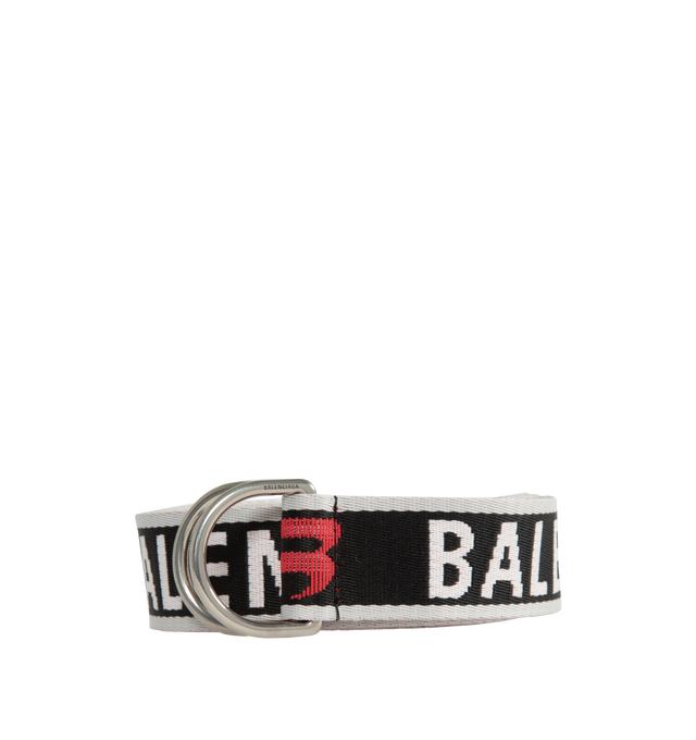 BLACK - BALENCIAGA D Ring Belt featuring webbing, jacquard Balenciaga logo, aged-silver hardware and adjustable closure. Width: 1.4 inch. Polyester. Made in Italy.