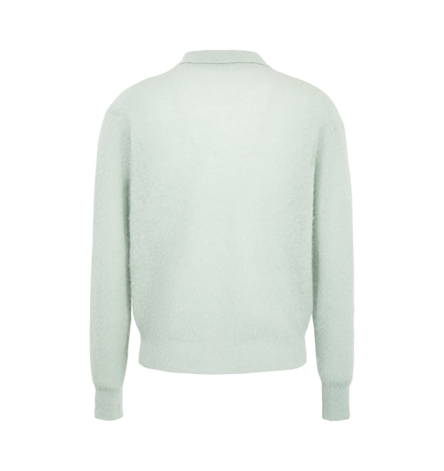 Image 2 of 2 - GREEN - Auralee Men's Baby Suri Alpaca Sheer Knit Skipper Polo is crafted from a luxurious baby Suri alpaca blend and features a relaxed-fit silhouette with an open skipper collar. Knit using a special tam yarn that gently binds the fibers without twisting, this refined style is carefully finished to enhance its delicate brushed texture, resulting in exceptional softness, lightness, and a sheer appearance. Main Material: 70% Alpaca, 30% Nylon.  