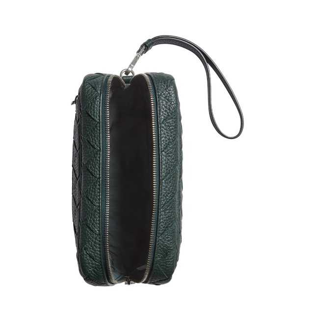 Image 4 of 4 - GREEN - BOTTEGA VENETA Intrecciato Small Pouch With Wristlet featuring small pouch in Intrecciato grained leather, one single compartment, one internal flat leather pocket with three card slots, one exterior zipped pocket, detachable leather wristlet with a hook and zip closure. Calfskin. 5.1" x 8.3" x 2.4". Made in Italy. 
