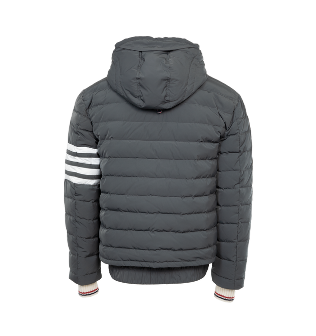 Image 2 of 4 - GREY - THOM BROWNE Down Filled Ski Jacket has an attached hood, knit cuffs, side zip pockets, signature four bar stripes at sleeve, and ribbed cuffs. 100% polyester. Padding: 80% White Goose Down, 20% White Goose Feathers. 