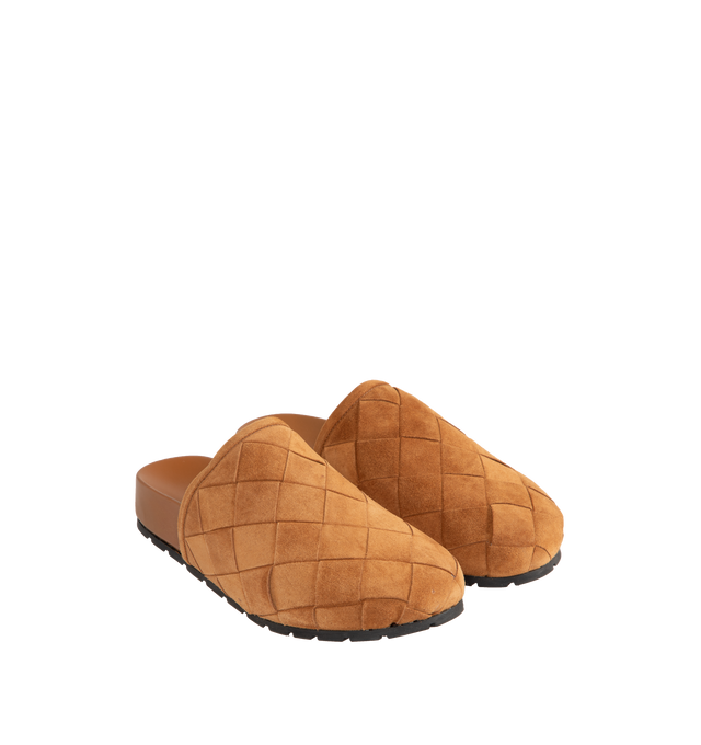 Image 2 of 4 - BROWN - BOTTEGA VENETA Reggie Mule featuring padded intrecciato suede mule clog with ergonomic leather insole. Calfskin. Lining: lambskin. Rubber outsole. Made in Italy. 