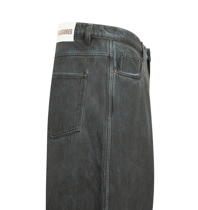 Image 3 of 3 - BLACK - Pleasures Mens Spray Formula Baggy Jeans are crafted from cotton bull denim. Feature a baggy five-pocket silhouette, sprayed detailing, enzyme-washed finish, and zip-fly with button closure. Main Material: 100% Cotton. Made in China. 