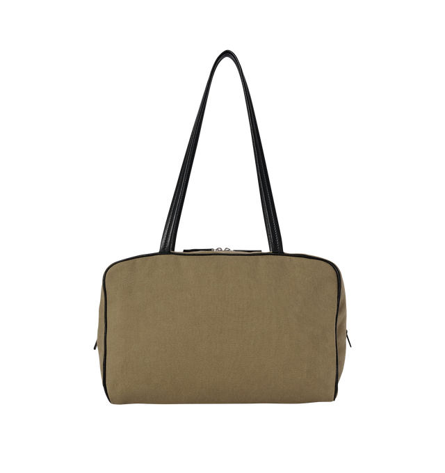 Image 1 of 3 - GREEN - THE ROW Astra Bowling Canvas Bag featuring rectangular bowling bag in structured cotton canvas with elongated flat leather handles, leather piping, and dual zipper closure. 12 x 7 x 4 in. 90% cotton, 10% lambskin leather. Lined in 100% cotton. Made in Italy. 
