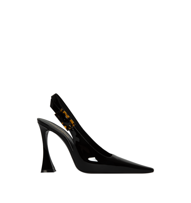 Image 1 of 4 - BLACK - SAINT LAURENT Dune Slingback Pumps in Patent Leather featuring pointed toe, low square cut vamp, flared heel, adjustable slingback strap and tortoiseshell buckle. 4.3 inche heel. Calfskin leather. Made in Italy.  