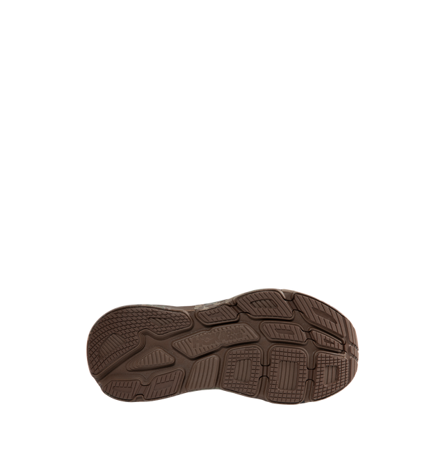 Image 4 of 5 - BROWN - Hoka Unisex Bondi 7 Beams Sneakers reinterpret the ultra-cushioned silhouette with a custom camouflage upper inspired by Japanese Zen gardens. The vegan open-mesh construction features a memory foam collar, TPU overlays, 3D-printed logos, a reflective secondary lace, and a lace keeper. Upper: Vegan Mesh and TPU. *Unisex style in men's sizing. 