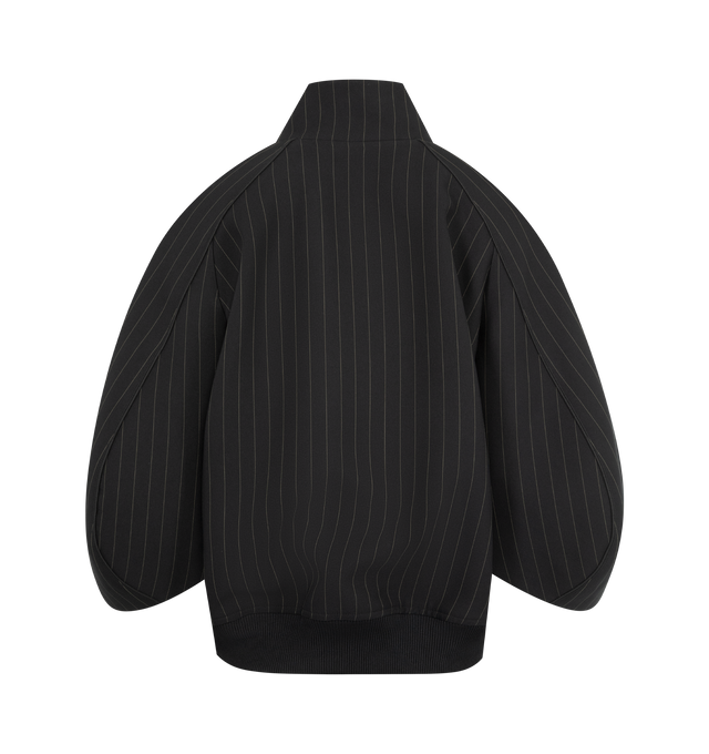 Image 2 of 3 - BLACK - SACAI Matelasse Twill Bomber Jacket featuring pinstripes throughout, stand collar, zip closure, welt pockets at waist, rib-knit hem, raglan sleeves and fully lined. 99% polyester, 1% rayon. Lining: 100% polyester. Made in Japan. 