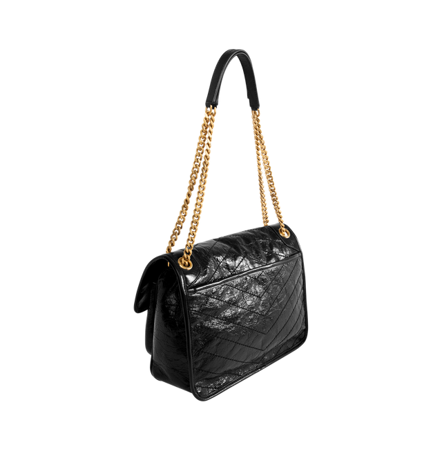 Image 2 of 4 - BLACK - NIKI Medium Bag in vintage leather featuring chevron-quilted topstitching, sliding leather-and-chain strap allows for both shoulder and crossbody carry, chrome-free, metal-free tanned leather, certified cotton lining, bronze-tone hardware, magnetic snap closure, one back pocket and one open pocket under flap. 11" x 7.9" x 3.3". Calfskin leather. Made in Italy. 