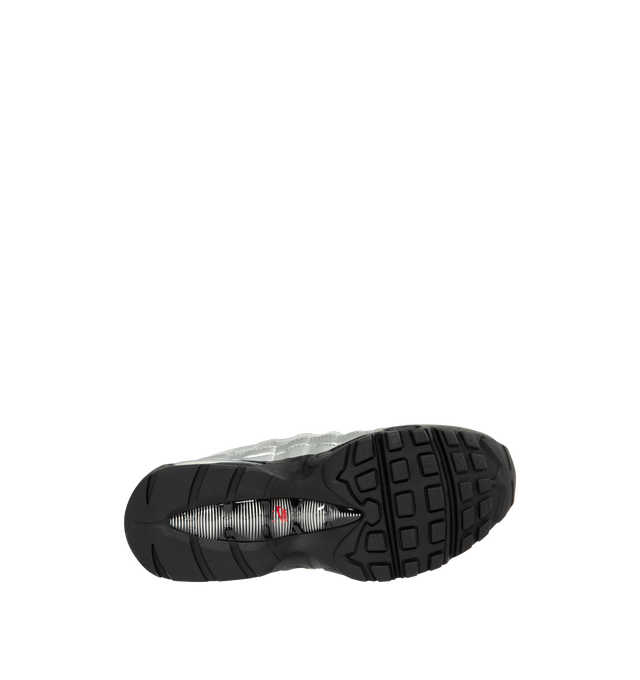 Image 4 of 5 - SILVER - NIKE Air Max 95 Sneaker featuring distinctive wavy design, visible Max Air cushioning, upper mixes synthetic leather and textiles for a layered look, flex grooves in the midsole and outsole, foam midsole and rubber outsole. 