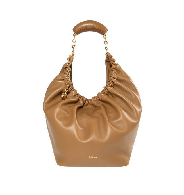 Image 1 of 4 - BROWN - LOEWE Squeeze Medium Bag featuring shoulder, crossbody or hand carry, adjustable chain strap with Anagram engraved pebble and additional chain to extend the strap further, magnetic closure, internal zipped pocket, unlined and gold embossed LOEWE. 13 x 13.4 x 5.3 inches. 100% nappa lambskin. Made in Spain. 
