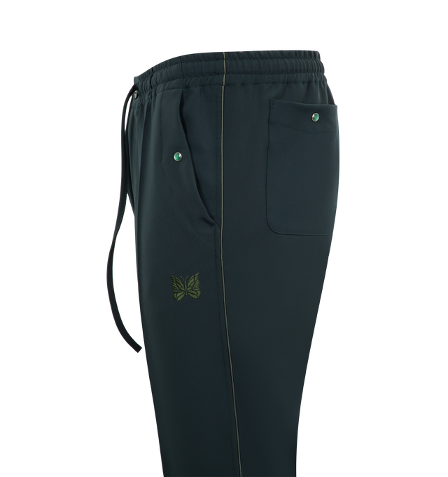 Image 3 of 3 - GREEN - NEEDLES Piping Cowboy Trousers featuring stretch polyester, drawstring at elasticized waistband, four-pocket styling, zip-fly, logo graphic embroidered at front, pinched seam at front legs and satin piping at outseams. 89% polyester, 11% polyurethane. Trim 1: 100% polyester. Trim 2: 100% rayon.  