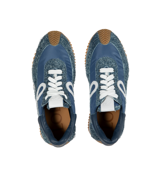 Image 5 of 5 - BLUE - LOEWE Lace-up runner sneaker crafted from nylon and brushed suede in a raw denim color, featuring an L monogram on the quarter and gold embossed LOEWE logo on the backtab. The textured honey-coloured rubber outsole extends to the toe-cap and on to the back of the heel. Made in Italy. 