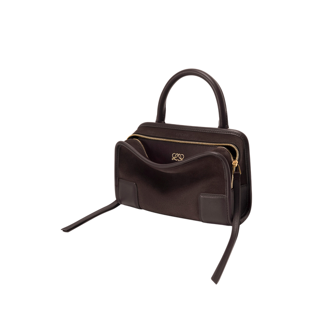 Image 6 of 13 - BROWN - LOEWE Mini Amazona 180 Bag in suede featuring a relaxed silhouette anchored by a single toron top handle, designed to be carried open, while a concealed closure secures the main compartment, removable shoulder and crossbody straps, two carry options: short handle, removable and adjustable crossbody strap, zip closure with two leather zip pullers, two compartments, main compartment closed with magnetic closure, left side d-ring for customization, suede and nappa lambskin lining, embos 