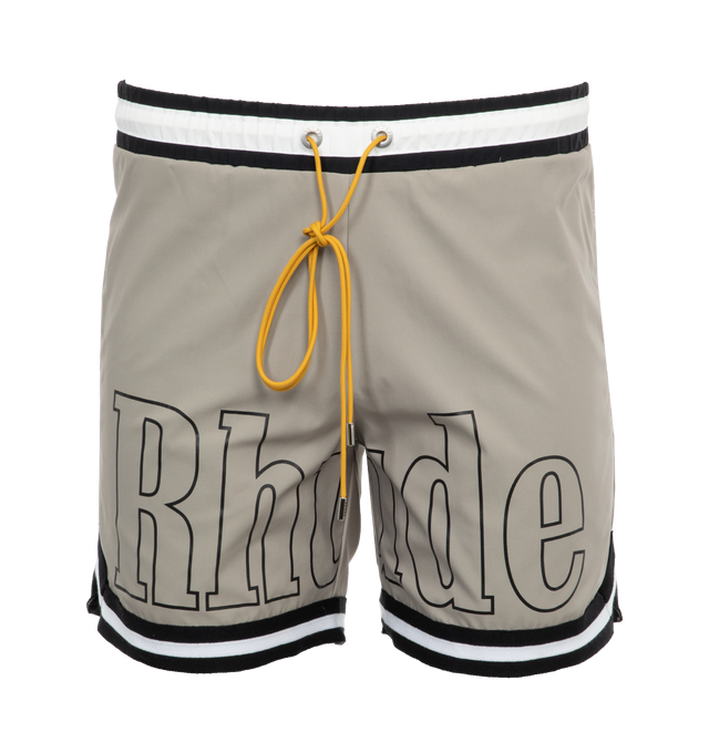 Image 1 of 4 - GREY - RHUDE Logo Basketball-Style Swim Shorts featuring elasticized drawstring waistband, side-seam pockets, contrast striped trim and a relaxed silhouette. 100% polyester. Lining: 85% nylon, 15% spandex. Made in Portugal. 