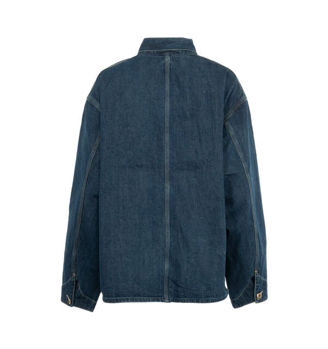 Image 2 of 3 - BLUE - CHIMALA Short Work Jacket featuring salvage denim, customized metal buttons, contrast top stitching and four pockets on front. 100% cotton. Made In Japan. 