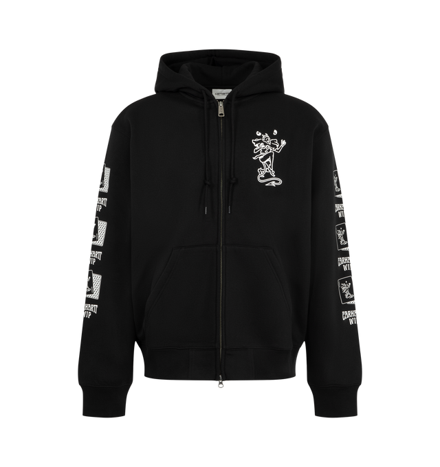 Image 1 of 3 - BLACK - Carhartt WIP Men's Hooded Playing Cards Jacket is crafted from heavyweight brushed cotton-blend jersey and features a balloon fit with dropped shoulders, an adjustable hood, a kangaroo pocket, and graphic Playing Cards prints across the chest and sleeves. This designer hooded sweatshirt combines premium fleece-backed comfort with bold seasonal artwork, creating a relaxed everyday essential with a contemporary streetwear aesthetic. Main Material: 80% Cotton, 20% Polyester (425 gsm). Fi 