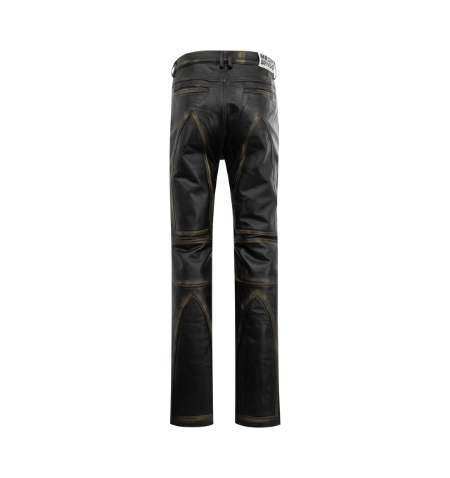 Image 2 of 3 - BLACK - WHO DECIDES WAR Rub Off Leather Moto Pant featuring a slim straight fit with rub off leather technique, original stained glass motif is patterned on both the front and back of each leg, with reinforced knee panels. 100% cowhide. 