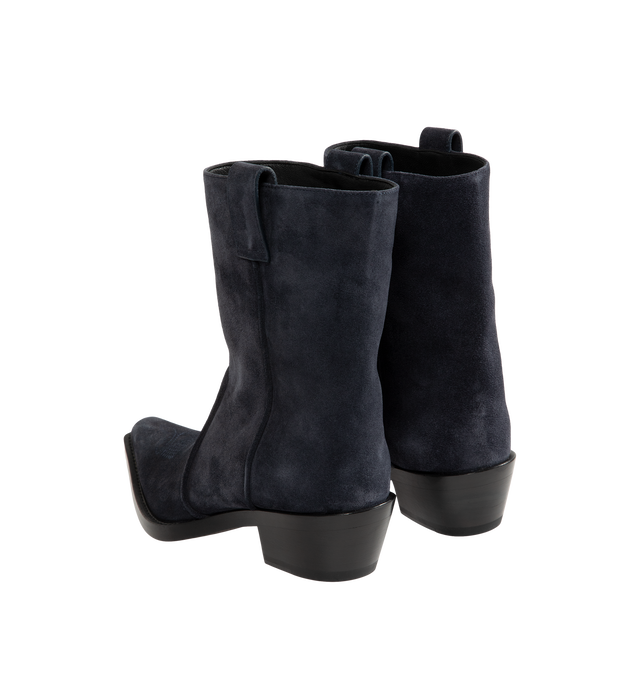 Image 3 of 4 - NAVY - Khaite Women's Clive Ankle Boots are crafted from hand-worked split-suede calfskin in midnight navy. Inspired by Western styles, the ankle-high silhouette features a snipped toe, deliberately tilted shaft, stitched welt, and stacked patinated-leather heel. Upper: 100% Calfskin. Sole: 100% Calfskin. Heel Height: 3.5 cm / 1.4 in. Made in Italy. 