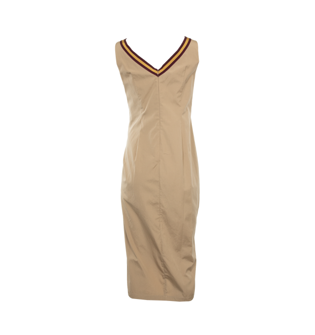Image 2 of 3 - BROWN - DRIES VAN NOTEN Ruffle Midi Dress featuring midi length, gathered ruffle front styling, V-neckline, sleeveless, hem falls below the knee, sheath silhouette and concealed back zip. 100% cotton. Made in Poland. 