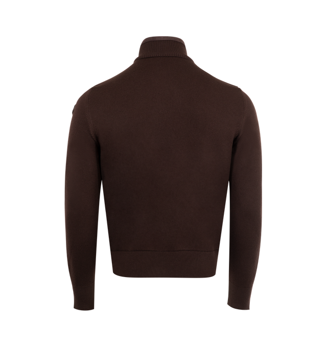 Image 2 of 3 - BROWN - MONCLER Wool & Suede Cardigan featuring ultra-fine wool, suede front, Airsoft lining, interlock knit, gauge 12, snap button closure, patch pockets with snap button closure and leather logo patch. 100% virgin wool. Lambskin. Made in Turkey. 