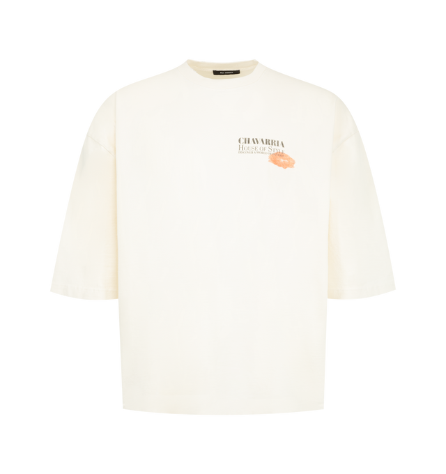 Image 1 of 2 - NEUTRAL - Willy Chavarria Total Transformation Buffalo Tee is crafted from heavyweight cotton and features the brand's signature oversized Buffalo silhouette. Designed with Total Transformation graphic artwork printed at the chest and back, the T-shirt offers a bold statement look with a structured drape. Main Material: 100% Cotton. Made in USA. 