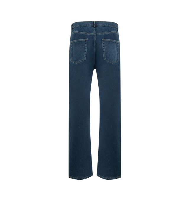 Image 2 of 3 - BLUE - THE ROW Siouxie Jean featuring relaxed mid-rise jean in midweight indigo denim with straight leg, contrast topstitching, and classic 5-pocket construction. 100% cotton. Made in Japan. 