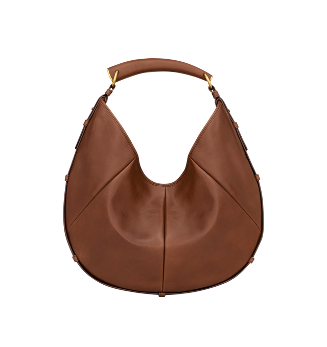 Image 1 of 3 - BROWN - Saint Laurent Women's Mombasa Medium Hobo Bag is crafted from supple calfskin leather in burnt bread brown with a tonal suede lining. Bronze-tone hardware, a leather-covered handle for hand or shoulder carry, a magnetic closure, and an interior zip pocket complete the design. Fits a large phone, slim wallet, keys, and sunglasses. Main Material: 100% Calfskin Leather. Lining: 100% Suede. Dimensions: 2440 x 2433 x 3 cm / 9.415.7 x 9.413 x 1.2 in. Handle Drop: 23 cm / 9.1 in. Made in Ita 