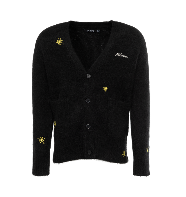 BLACK - NAHMIAS Sunshine Cardigan featuring all-over sun embroidery, embroidered logo at the chest, V-neck, front button fastening, long sleeves, two front patch pockets and straight hem. 53% acrylic, 30% mohair, 15% nylon, 2% spandex/elastane.