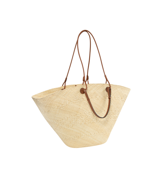 NEUTRAL - LOEWE Large Anagram Basket Bag featuring a classic handwoven body, shoulder or top handle carry, unlined, calfskin straps and an embroidered calfskin Anagram. 13.4 x 24.8 x 7.9 inches. Iraca Palm/Calf. Made in Spain.