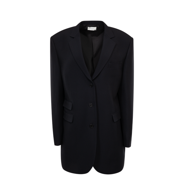 NAVY - THE ROW ULE JACKET featuring tailored single-breasted jacket, oversized padded shoulder, notched lapel, and multi-pocket detailing. 60% viscose, 40% virgin wool. Fully lined in 100% silk. Made in Italy.