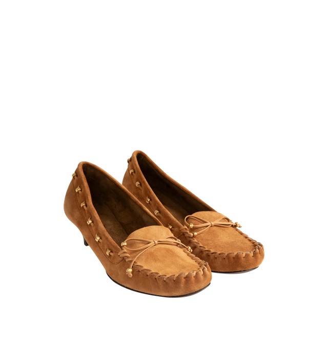 Image 2 of 4 - BROWN - KHAITE Milly Pump featuring velvety suede, tubular construction, tonal whipstitching and grommeted lacing threaded by hand with gold beads. Lined in suede. 100% calfskin. 