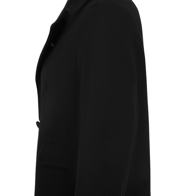 Image 3 of 3 - BLACK - Toteme Men's Trench Coat is crafted in wool featuring a double breasted button closure, two welt side pockets. Materials: 100% RWS Wool; Lining: 100% Viscose. 