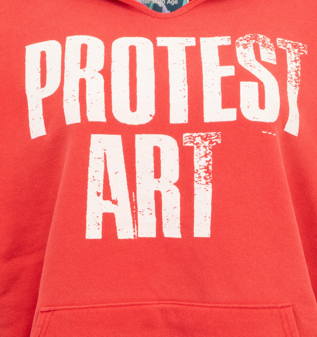 Image 3 of 4 - RED - Better With Age relaxed-fit hooded sweatshirt featuring "Protest Art" printed graphics and branding throughout. Constructed using deadstock vintage hoodies. 100% Cotton. 