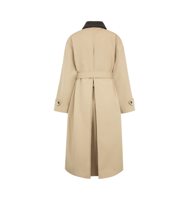 Image 2 of 2 - NEUTRAL - Bottega Veneta Womens Trench Coat is crafted from lightweight water-repellent cotton and features an Intrecciato leather collar. Designed in a regular fit, it is finished with a belted waist, button-front closure, and classic trench styling. Main Material: Lightweight Cotton; Collar: Intrecciato Leather. Made in Italy. 