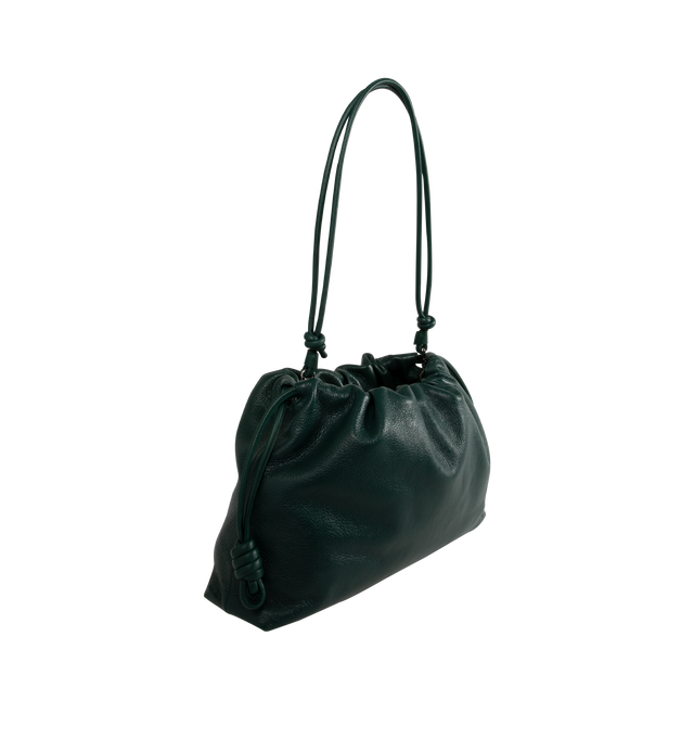 Image 3 of 4 - GREEN - Loewe Large Flamenco purse in deerskin featuring a ruched design complemented by signature knots at the sides, shoulder, crossbody or hand carry, detachable and adjustable leather strap, detachable donut chain with an Anagram Pebble, magnetic closure, suede lining and silver embossed LOEWE.Height 10.2 X Width 16.1 X Depth 3.5 inches. Made in Spain.  