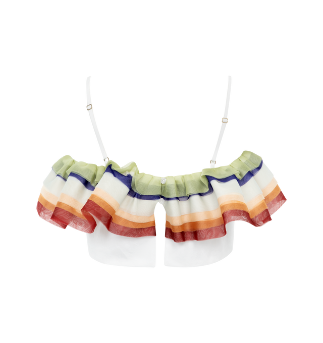 Image 2 of 2 - WHITE - ROSIE ASSOULIN Organza Ruffle Bandeau Top featuring lightweight, non-stretch plain weave, ruffled organza trim, adjustable shoulder straps, square neckline and buttons at back. 100% cotton. Trim: 100% silk. Made in USA. 