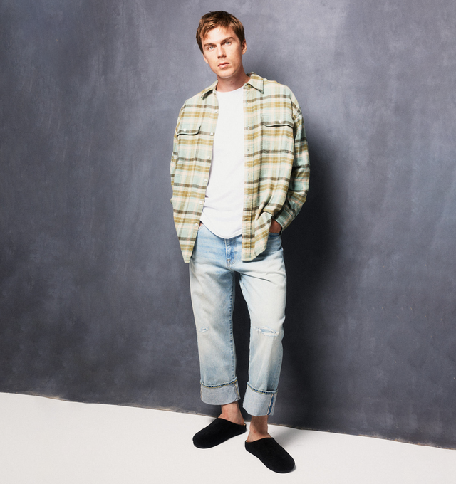 Image 2 of 4 - MULTI - R13 Boyfriend Shirt featuring plaid throughout, collar, drop shoulders, long sleeves, button cuffs, chest flap pockets and button-front closure. 100% cotton. 